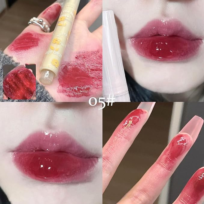 6pcs Flower Jelly Lipstick Set, 6 Colors Heart Shape Moisturizing Lip Glaze, Glossy Hydrating Lip Gloss, Mirror Effect Lip Balm Makeup Pen for Fuller Lips