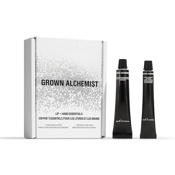 Grown Alchemist, Lip + Hand Essentials Holiday Gift Kit. Hydra-Restore Lip Balm (12 mL) & Restorative Hand Cream (20 mL). Natural Hydration Duo