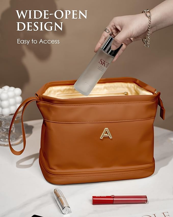 Personalized Makeup Bag, Monogrammed Gifts, Initial Double Layer Cosmetic Bag with Makeup Brush Organizer, Travel Toiletry Bag, Gifts for Friends Female Mom, Teen Girl Gifts