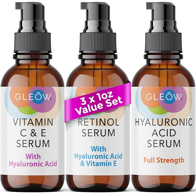 GLEOW Retinol Serum for Face, Vitamin C with Hyaluronic Acid Face Serum for Women and Men, Glow Skin Care Set Total Package Targets Appearance of Uneven Skin Tone and Dryness 3x1oz