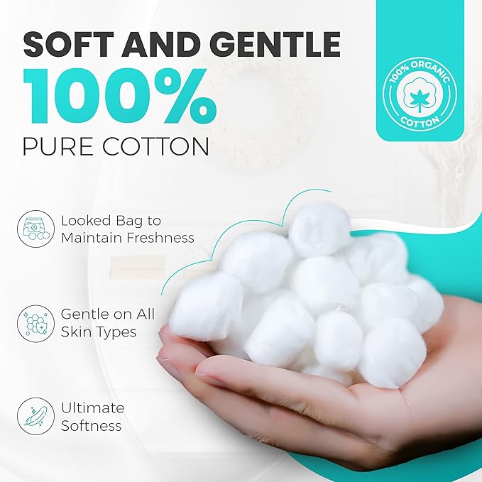 100% Pure Cotton Balls—Ultra-Soft, Absorbent, Multipurpose for Skincare, Makeup Removal, Baby Care, First Aid, Crafts—Hypoallergenic & Lint–Free—Large 1000/Pk for Home, Salon & Medical Use.