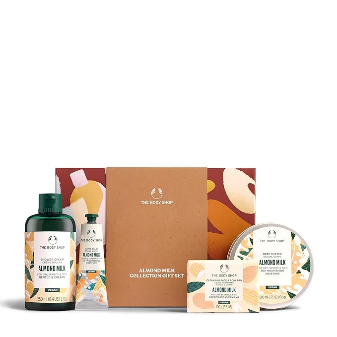 The Body Shop Almond Milk Collection Gift Set - 4 Piece Set, Shower Cream, Body Butter, Bar Soap, Hand Balm, Vegan