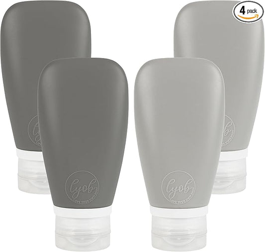 Travel Bottles for Toiletries, TSA Approved 3oz Leak Proof Silicone Soft Refillable Squeeze Travel Size Containers BPA Free for Cleansers, Lotions, Shampoo, Conditioner 4pk (2Black-2Gray)