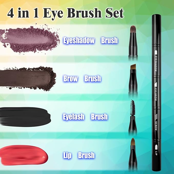 4-in-1 Makeup Brush Set - Detachable Eyeshadow, Eyebrow & Lip Brushes with Cap - Travel-Friendly