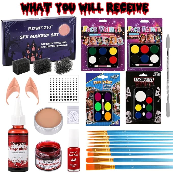 Bowitzki Halloween Makeup Set Oil Based Face Body Paint Special Effects Kit SFX Sponges Scar Wax Fake Blood Brush Tooth Paint Halloween Party SFX Cosplay