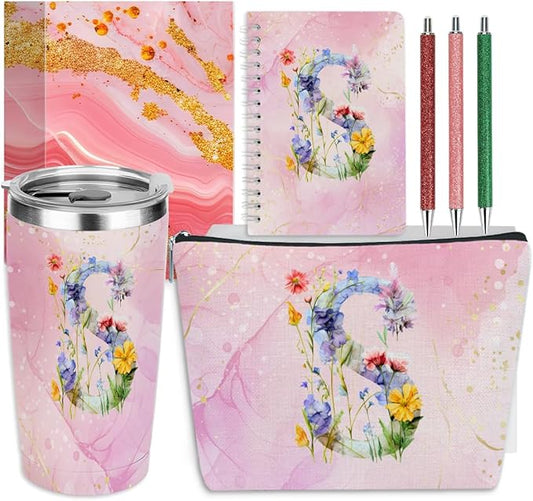 Personalized Gifts for Women Monogrammed Birthday Gifts for Women, Wife Girlfriend Christmas, Initial 20 oz Tumbler, Makeup Cosmetic Bag Cup Pens Journal Notebook 6 Set, (Aesthetic Pink Flower S)