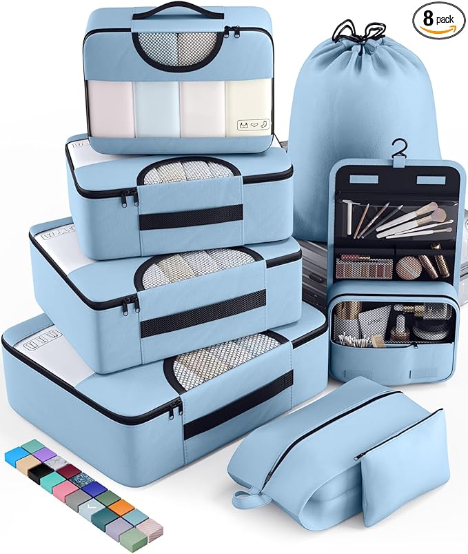 Veken 8 Set Packing Cubes for Travel Essentials, Suitcase Organizer Bags in 4 Sizes, Carry-On Luggage Accessories with Large Laundry & Hanging Toiletry Bag, Must-Have for Airplane, Road Trip & Camping