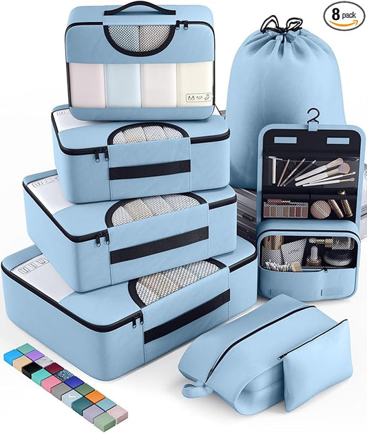 Veken 8 Set Packing Cubes for Travel Essentials, Suitcase Organizer Bags in 4 Sizes, Carry-On Luggage Accessories with Large Laundry & Hanging Toiletry Bag, Must-Have for Airplane, Road Trip & Camping