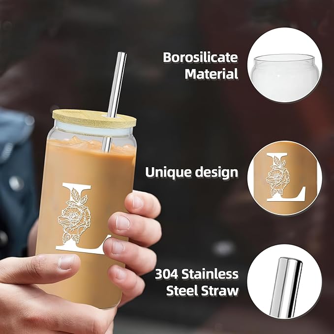 Birthday Gifts for Women,Initial Canvas Tote Bag,Monogrammed Gift for Women,16oz Initial Glass Cup,Makeup Bag with Zipper,Jewelry Organizer Box,Personalized Gifts for Mom-L