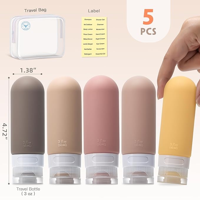 3oz Travel Bottles for Toiletries,Silicone Leak Proof Squeezable Travel Containers,TSA Approved Travel Essentials Bag for Shampoo Conditioner,5 Pack,Brown Pack