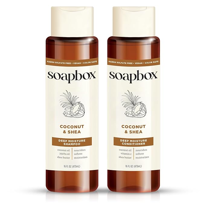 Soapbox Shampoo and Conditioner Set with Coconut Oil, Jojoba Oil, Aloe and Shea Butter to Moisturize and Nourish for All Hair Types, 16 Ounces Each (Pack of 2)