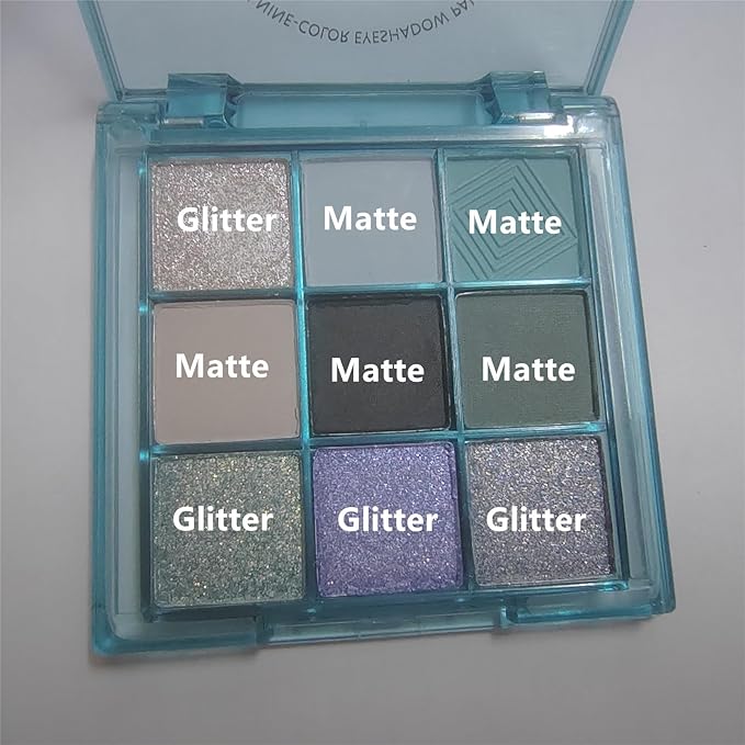 Go Ho 9 Colors Light Blue Grey Black Silver Powder Eyeshadow Palette,Matte&Shimmer&Glitter Eyeshadow Makeup Palette,Waterproof Daily Shades Eye Shadow Make up,14