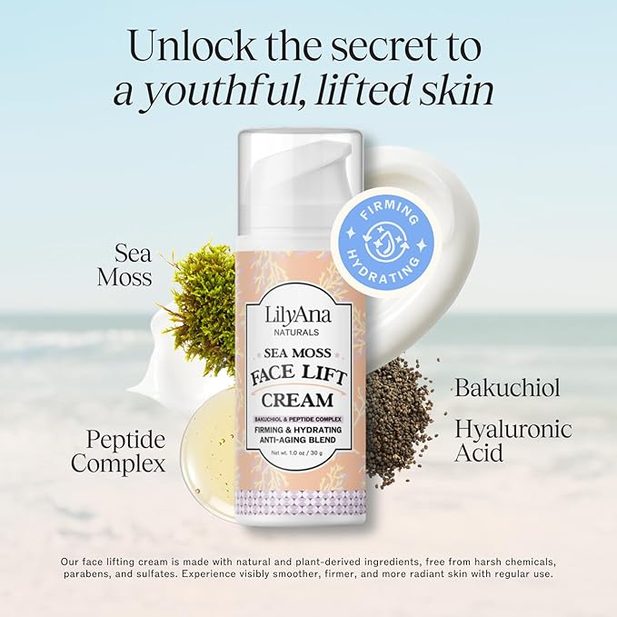 LilyAna Naturals Bakuchiol Face Lift Cream with Sea Moss and Peptide Complex - Face Cream for Women - Moisturizing and Lifting Facial Cream - Anti-Aging Overnight Moisturizer - Made in the USA - 1 oz