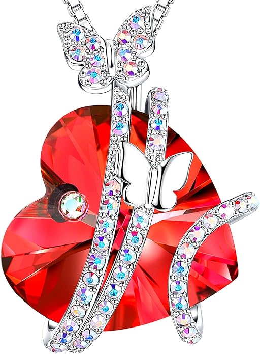 ASELFAD Butterfly Love Heart Pendant Necklace with Crystals, Anniversary Birthday Jewelry for Women Mom Grandma Wife Girlfriend