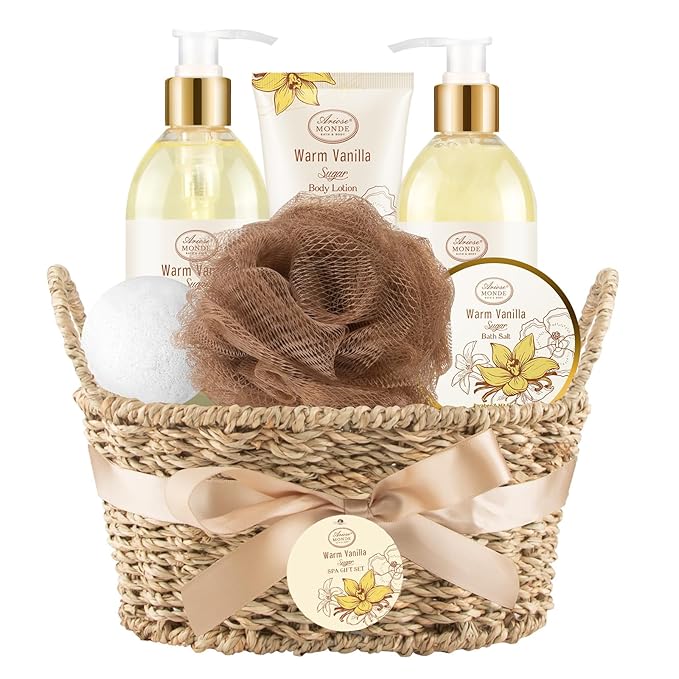 Bath and Body Warm Vanilla Sugar Spa Gifts for Women, with Shower Gel, Bubble Bath, Body Lotion, Bath Bomb, Bath Salt, Spa Basket Gift Set for Women, 7pcs Set Gifts