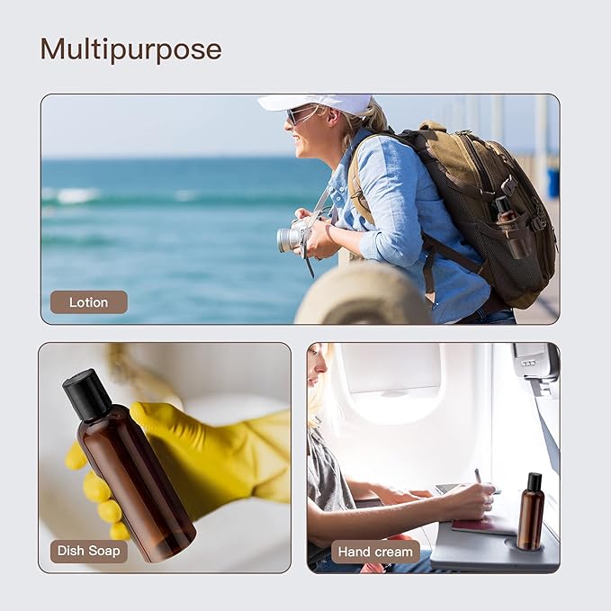 Travel Bottles for Toiletries 3.4 oz - Travel Size Containers for Shampoo Plastic - Small Empty Lotion Squeeze Bottle for Liquid TSA Approved - Leak Proof Mini Conditioner Refillable Amber 100ml