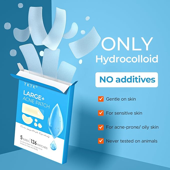 TKTK Large Pimple Patches for Face, 68 x 27 mm XL Hydrocolloid Bandages, Big Acne Patches for Body, Forehead, Chin, Nose, Chest and Back Blemish Zit Breakouts (Strip, Contoured, Dot 5 Sizes 136 Count)