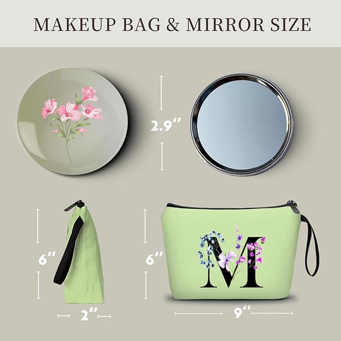 Women Birthday Maid of Honor Monogrammed Gifts for Bride Bridesmaid Sister Friend Her Teacher Makeup Cosmetic Bag with Mirror Mothers Day Christmas Graduation M