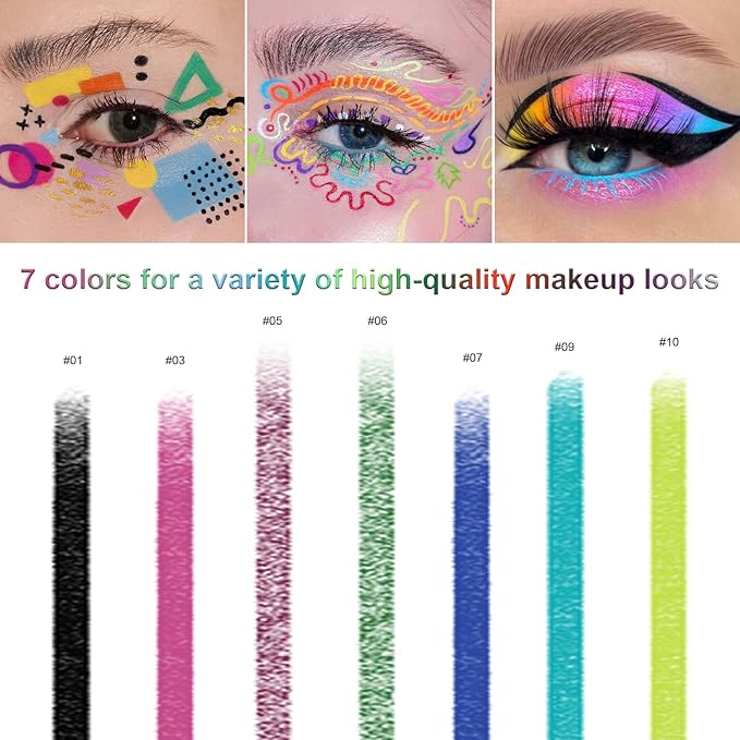 7 Colorful Eyeliner Pen Set, Eye Shadow Pencil, Pearl Eyeliner Kit Metallic Glitter Colored Eye liner for Women Eye&Lip Liner Professional Waterproof Eye Makeup (7PCS B)