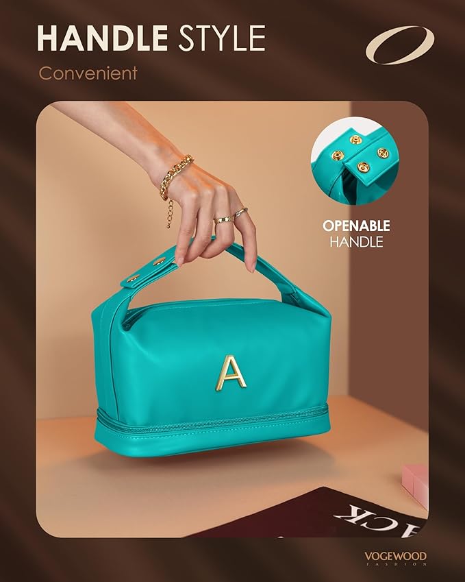 Gifts for Teenage Girls, Personalized Makeup Bag with Handle, Initial Double Layer Cosmetic Bag with Makeup Brush Organizer, Cute Cosmetic Pouch for Women, Gifts for Friends Female Mom