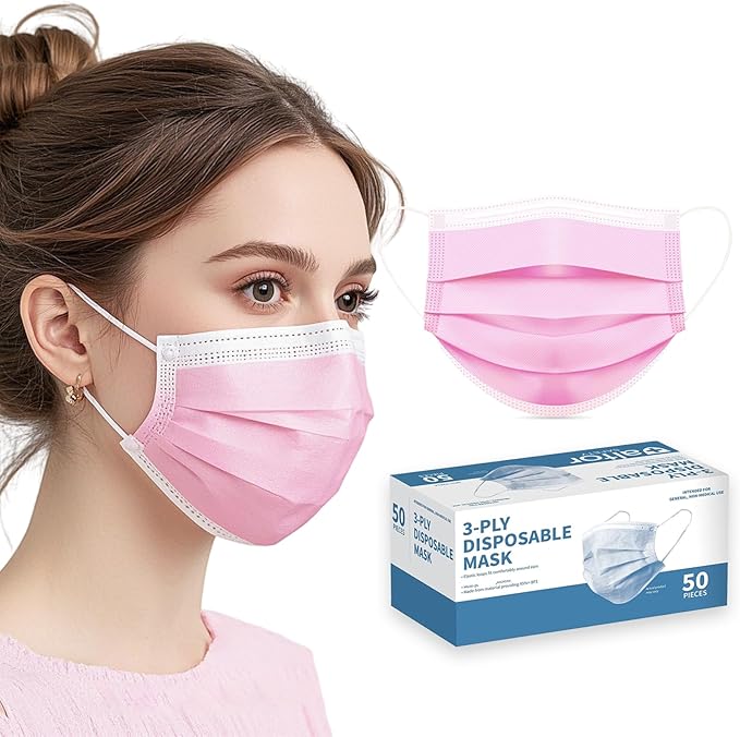 50 Pack Pink Disposable Face Mask for Adults, Solid Pink Breathable 3-Ply Earloop Full Face Protection for Women & Teen Girls