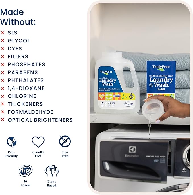 Truly Free Laundry Wash Detergent for Sensitive Skin | Gentle & Safe for Baby Clothes | Plant-Based, Natural Ingredients | Unscented | Refill Only (200 Loads)