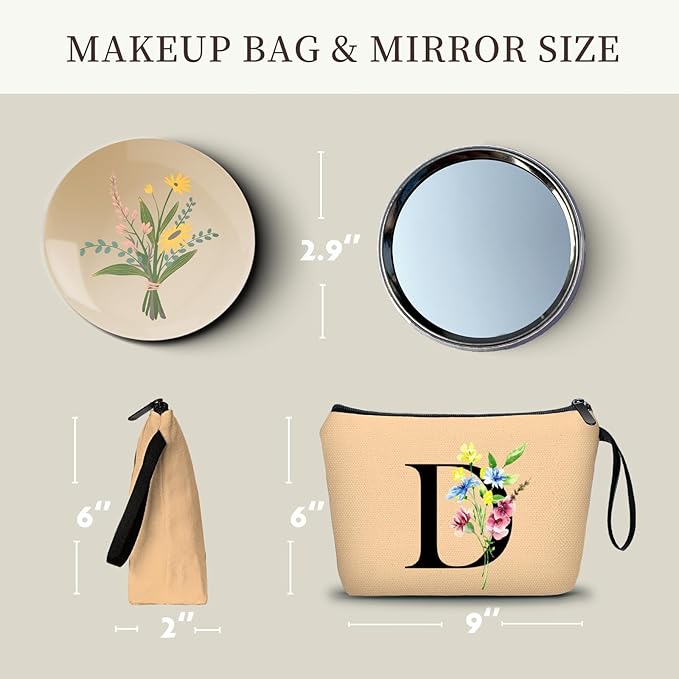 Women Birthday Maid of Honor Monogrammed Gifts for Bride Bridesmaid Sister Friend Her Teacher Makeup Cosmetic Bag with Mirror Mothers Day Christmas Graduation D