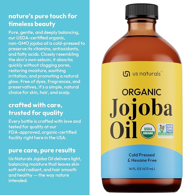 16oz Organic Jojoba Oil – Glass Bottle – USDA Certified Organic & Non-GMO – 100% Pure, Cold-pressed, Unrefined, Hexane-free – Premium Glow-Boosting Oil