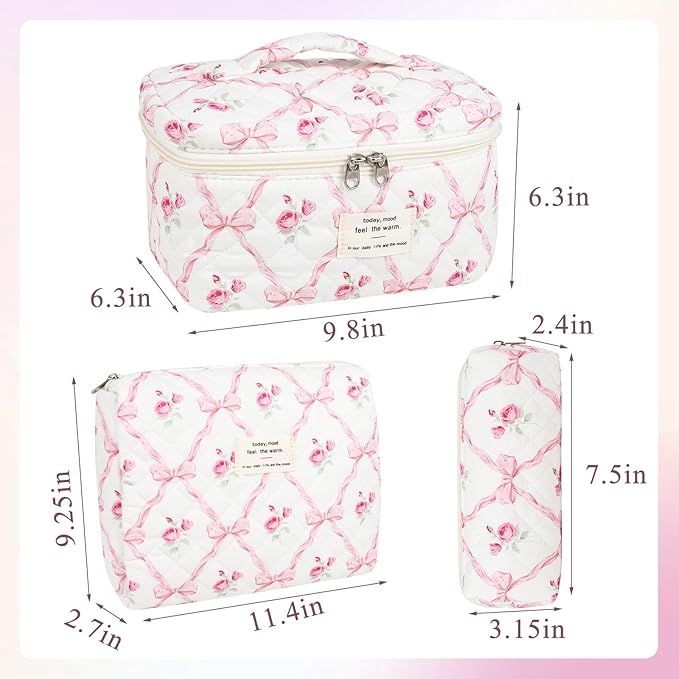 Anfly Makeup Bag, Quilted Cosmetic Bags, Large Floral Make Up Bag, Cute Makeup Bag 3PC Set for Women Girls (Pink Bow)