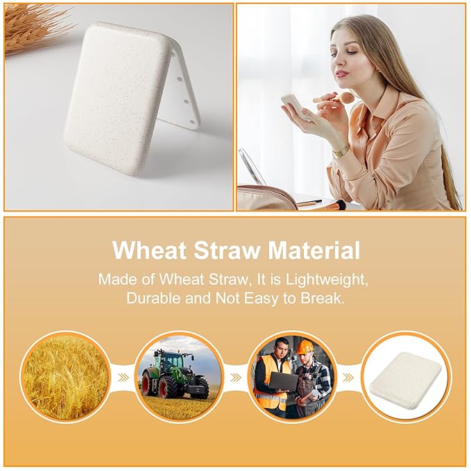 Kintion Rechargeable Pocket Mirror, Wheat Straw Material 1X/3X Magnification Portable Compact Mirror, Handheld Travel Mirror, Small Purse Mirrors for Women, Apricot