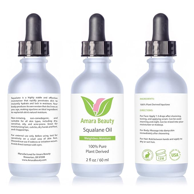 Amara Beauty Squalane Oil Moisturizer with 100% Pure Plant Derived Squalane for Face, Body, Skin and Hair - Face Oil 2 fl. oz.