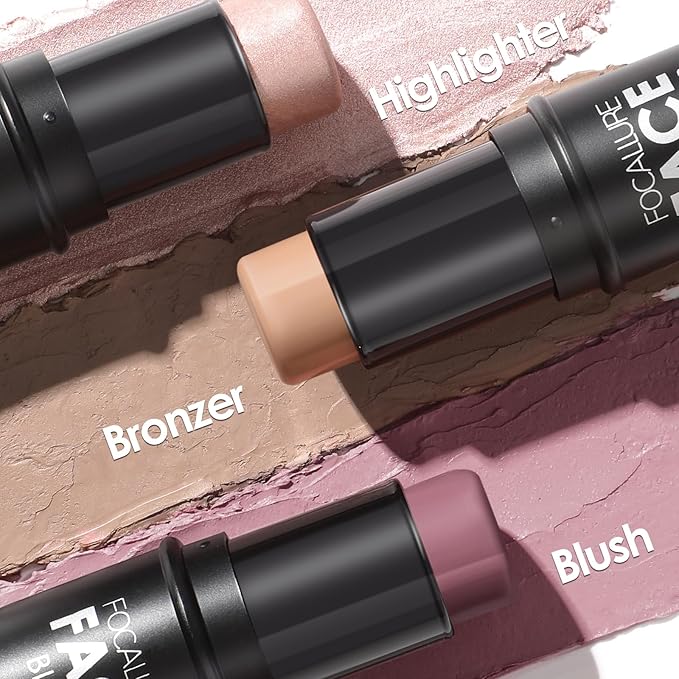 FOCALLURE 3PCS Cream Contour Stick - Highlighter Bronzer Blush Set for Face Sculpting, Non-Greasy Longwear Makeup, Easy to Blend with Natural Matte Finish,SET 2
