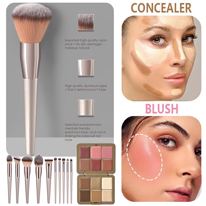 12 Colors Makeup Palette & Brush Set, Professional Eyeshadow, Blush, Highlighter, Contour Kit with 10 Champagne Gold Brushes, Cruelty-Free, Vegan, Travel-Friendly, for Beginners Pros