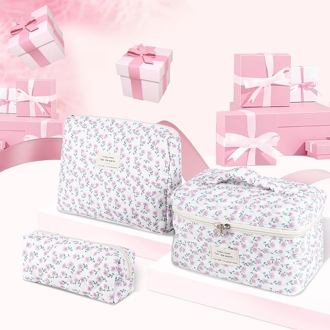 Anfly Makeup Bag, Quilted Cosmetic Bags, Large Floral Make Up Bag, Cute Makeup Bag 3PC Set for Women Girls (Purple)