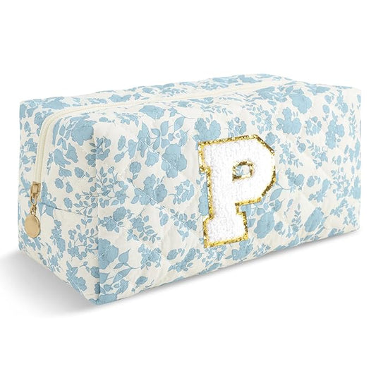 Personalized Quilted Cosmetic Bag, Puffy Monogrammed Christmas Birthday Gifts for Women & Girls, Cute initial Floral Makeup Bag Puffer Coquette Bag, Aesthetic Travel Toiletry Zipper Pouch(Blue,P)