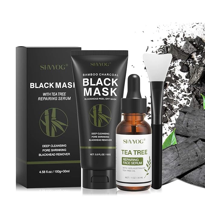 SHVYOG Blackhead Peel Off Face Mask, 3-in-1 Blackhead Remover Mask with Brush & Tea Tree Oil Serum, Charcoal Mask for Deep Cleansing Dirts, Pores, Skin Oil (100g+30ml)