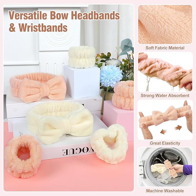 Spa Headbands for Women with Wristband Set: Facial Makeup Headbands for Girls & Teens - Soft Coral Fleece Elastic Hair Wraps with Wrist Accessories for Washing Face Shower Bath Beauty Skincare Gifts