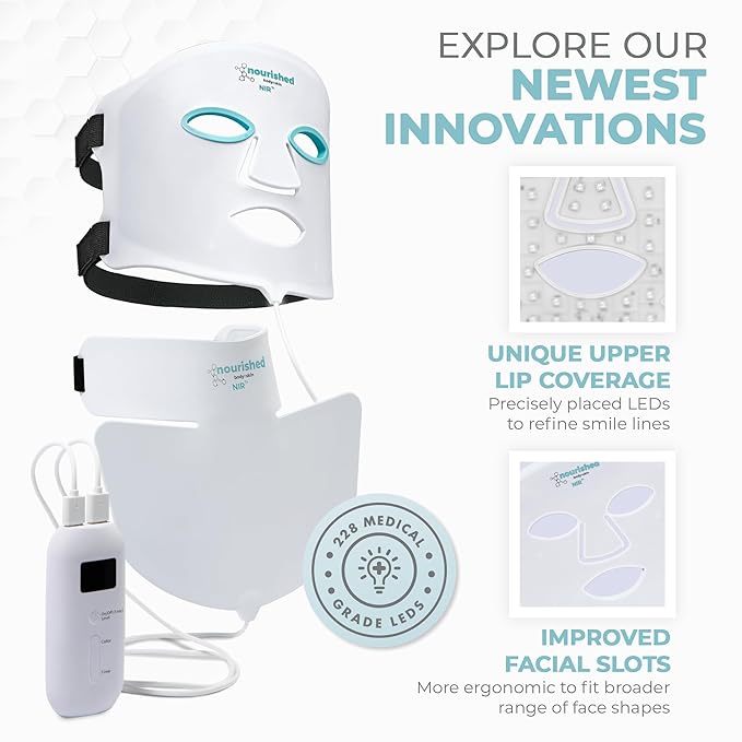 7 Colors LED Face and Neck Mask with Near-Infrared - Blue, Red Light Therapy for Face - 228 LEDs - Skincare Tool for Anti-Aging