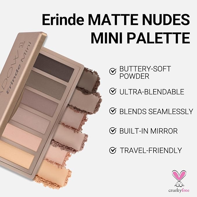 Erinde Mini Eyeshadow Palette - 6 Matte Nude Eye Shadows, Taupe & Brown Eye Shadows Powder for Eye, Contour, or Brows, Ultra-Blendable Cool-Tone Neutral, Long-lasting Travel Makeup Palette with Mirror