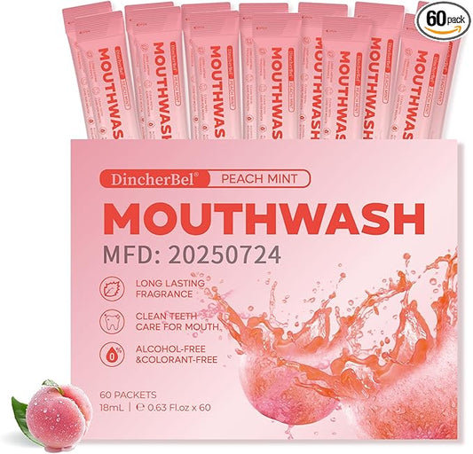 Travel-Size Alcohol & Fluoride Free Peach Mint Mouthwash Packets, 60 Individually Wrapped Portable Packs for Adults, Fresh Breath Peach Mint Flavored Mouthwash for Oral Hygiene, 0.63 Fl Oz Each