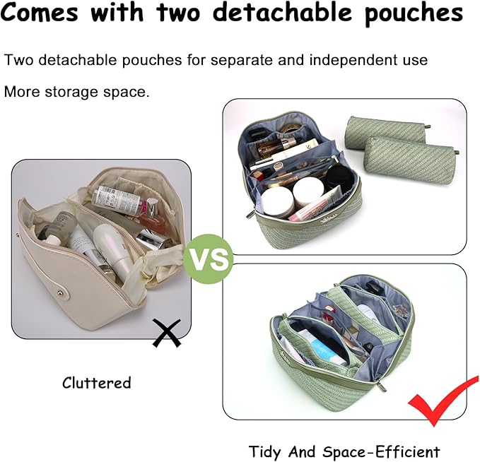 BOYATU Travel Makeup Bags for Women: Large Cosmetic Bag Waterproof - Vegan Leather Make up Bag Set of 3 - Compact Toiletry Organizer with Compartments & Handle & Divider (Z-Green)