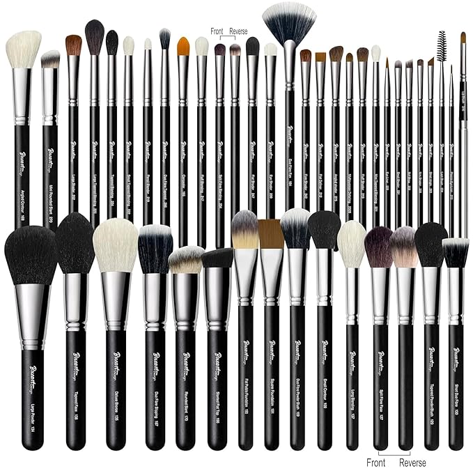 Makeup Artist MUST HAVES 42Pcs Makeup Brushes Set with Real Natural Goat Hair By BUEART DESIGN (42Pcs Matte Pearl Black)