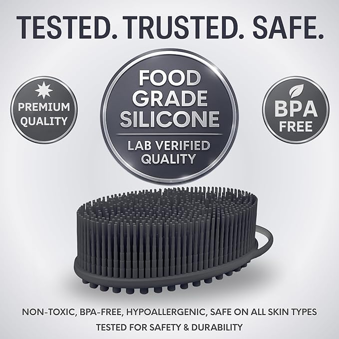 Avilana Silicone Body Scrubber – Gentle Shower Brush & Loofah Alternative- Food Grade & Lab Tested – Fast-Drying, Hygienic, BPA-Free Silicone Body Gentle Exfoliator (Dark Gray, Massage)