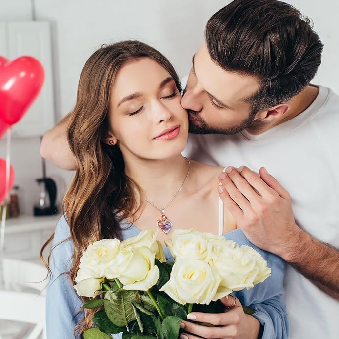Iefil Rose Heart Birthstone Necklaces for Women - 925 Sterling Silver Double Birthstone Necklace, Anniversary Birthday Gifts for Women, Jewelry Gifts for Wife Her