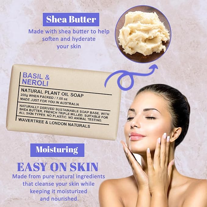 Wavertree & London Basil & Neroli Scented Natural Soap Bars (2 Bars), 7oz Moisturizing French Triple Milled Soap enriched with shea butter - Plant Oil Bath & Body Soap Bars [100% Naturally derived]