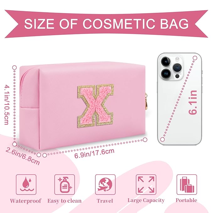 Personalized Initial A-Z Preppy Patch Makeup Bag,Small PU Leather Chenille Letter Cosmetic Bag with Zipper for Teen Girls,Pink Cute Travel Toiletry Bag,Birthday Monogrammed Gift for Daughter,Letter X