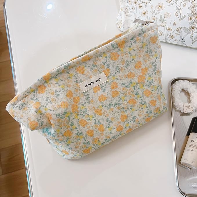 Wudygirl Aesthetic Cosmetic Bag Travel Toiletry Bag Makeup Bag Canvas Makeup Pouch Toiletry Bag for Women and Girls Large Capacity Makeup Bag Floral Pencil Pouch with Zipper (Yellow Floral)