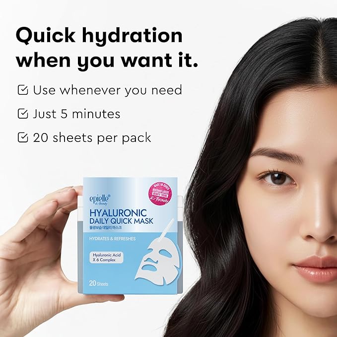 Epielle Hyaluronic Acid Face Mask Korean Sheet Masks for Face - 6x HA Complex Facial Mask, Korean Skincare Face Masks Skin Care Women Dry Skin Hydrating Anti Aging 20 Pack