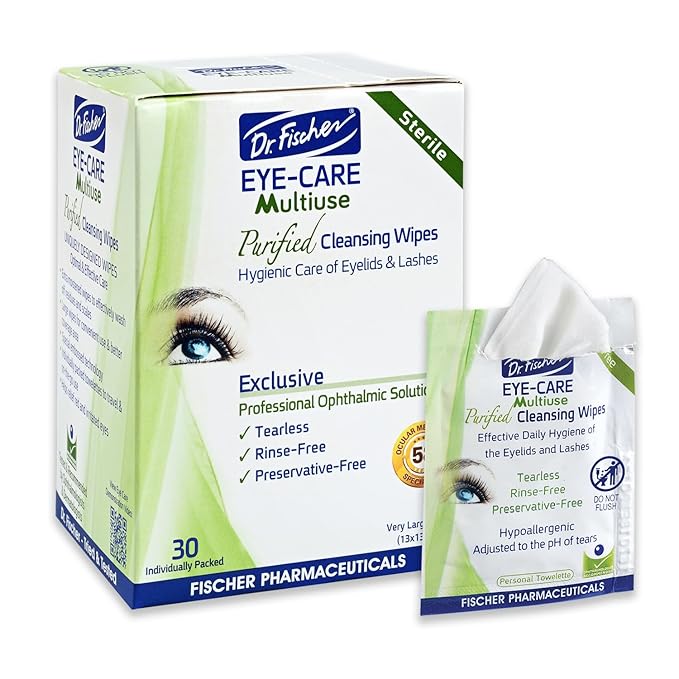 Dr. Fischer Eyelid Wipes - Purified, Non-Irritating, Pre-moistened Eye Wipes for Cleansing Sensitive Skin. Hypoallergenic Make-up Remover (30)