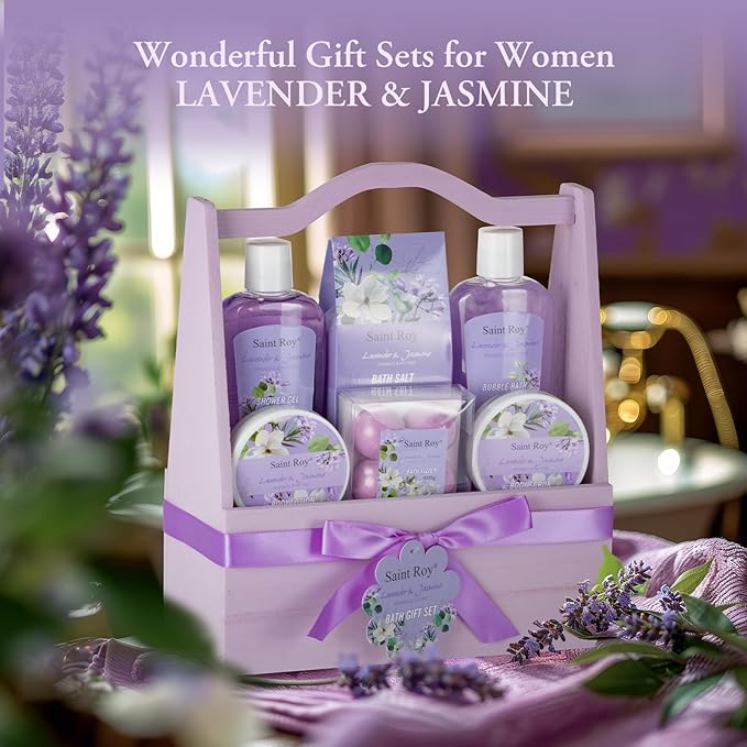 Mothers Day Gifts for Mom, 13-Piece Lavender Jasmine Bath & Body Gift Set for Women, Spa Gift Basket, Self Care Kit Bubble Bath, Bombs, Christmas, Birthday Gifts, All Occasion Holiday Present